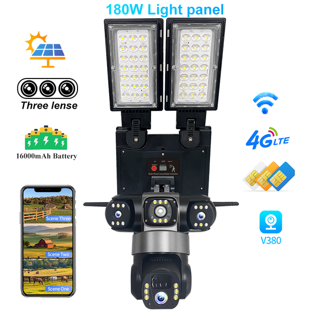 4G Sim Card Outdoor Waterproof 360° PTZ 180W Light Panel 3 Lens Camera V380 Pro WiFi CCTV Security Solar Street Light Ip Camera