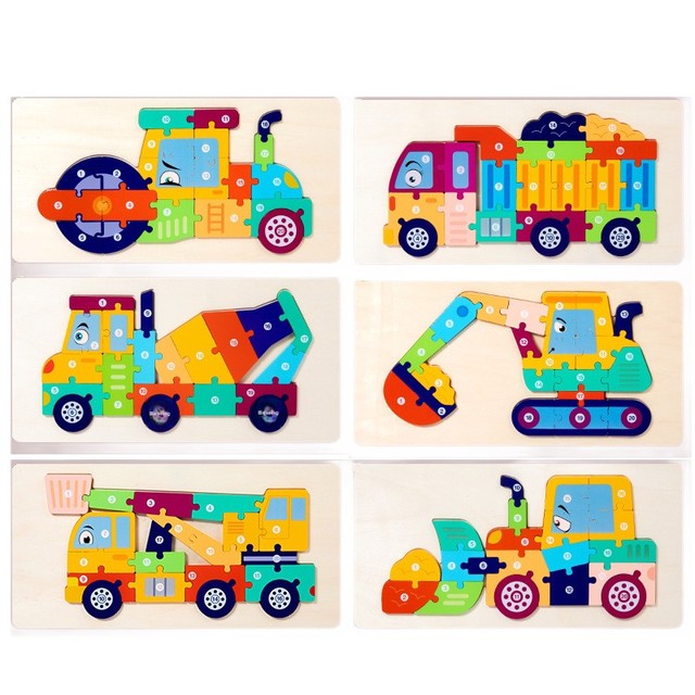 Wooden Construction Vehicle Jigsaw Puzzle Set Excavator Crane Mixer Truck Number Matching Transportation Learning Toy for Kids