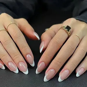 24Pcs Almond False Nails French Fake Nails with Glue Press on White Edge Design Wearable Simple Round Head Stiletto Nail Tips