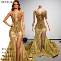 Ocstrade Prêt à expédier - Contactez-nous avant la commande Robe de soirée sirène dorée à strass en cristal cousus main, fente haute, scintillante, pour bal de promo