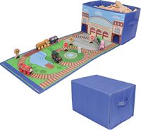 Boîte de rangement pour train au design classique avec tissu en lin, pliable et portable, pour piste de train, 2-en-1, bac de rangement pour jouets et garage de voitures