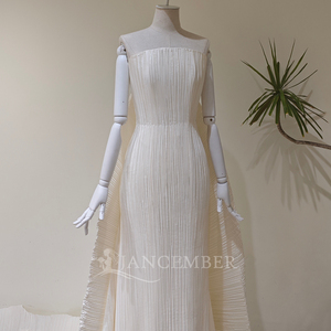 LY153 Modern Boat Neck Lace Satin Ruffle <b>Ball</b> <b>Gown</b> Wedding Dress with Chapel Train Flowers Crystal Appliques - Product Image 3