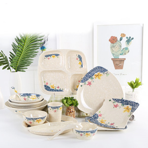 Xuemei Melamine Tableware <b>Set</b> With Floral Pattern Rectangular Plates Bowls For Daily Use And <b>Restaurant</b> - Product Image 1