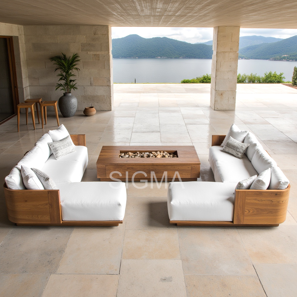 Luxury Modern Teak Wood Outdoor Sofa Set Ottoman New Design for Hotels Villas Parks Courtyards Farmhouses Living Room Patio Use
