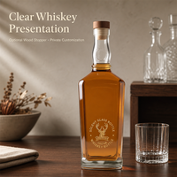 Bouteille de whisky rectangulaire en verre transparent Solent 730 ml avec bouchon en bois en option, fournisseur en gros OEM
