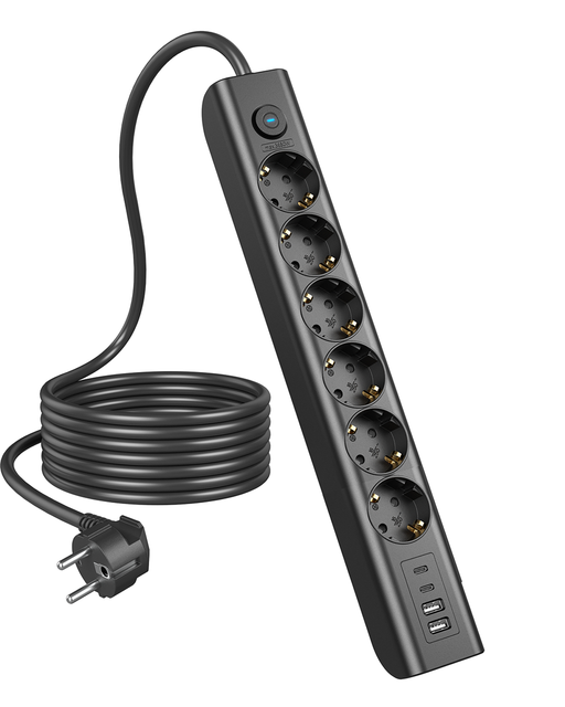 New Arrival EU Power Strip 6 AC Outlets 2 USB &2 Type-C Ports NFC SDK Networks 16A Rated Extension Plug Adapter Socket Europe