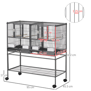 PawHut Cage à oiseaux double en métal de qualité supérieure avec plateaux amovibles, support stable avec 4 roues et étagère, 95x45.5x102cm, noir gris - Product Image 3