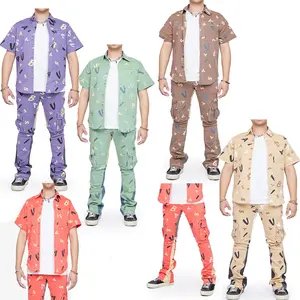 KY Custom All Over Print Short Sleeve Man Clothes Pant and Shirts Button Up Shirt and Pants Set Men Stacked Flare Pants