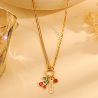 Dubbellaagse roestvrijstalen ketting met hart, zon, gouden kersen, liefde, kompas, uniek kompas-zon ontwerp, modieuze hanger ketting