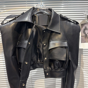 Nuovo stile Cool autunno inverno pelle <span class=keywords><strong>moto</strong></span> corta Bomber corto <span class=keywords><strong>giacca</strong></span> da donna con spallina manica lunga cappotto da donna - Product Image 6