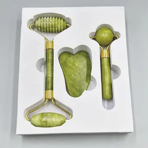 2023 Hete Verkoop 100% Natuurlijke Jade Roller Gua Sha Set Dubbele Kop Huid Gezichtsverzorging Jade Roller En Guasha