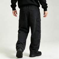 Pantalon en jean utilitaire pour homme, noir délavé, coupe ample à jambe large, poches à rabat, style streetwear, OEM, personnalisable, vente en gros, en vrac