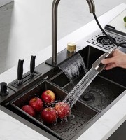 Évier de cuisine intelligent en acier inoxydable 304 noir nano, grand bac unique avec lave-tasses et poubelle intégrée pour la maison, vente en gros OEM