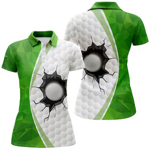 Polo de golf pour homme à imprimé géométrique vert et blanc, manches courtes, respirant, en polyester tricoté, design découpé, logo sur le devant - Product Image 1