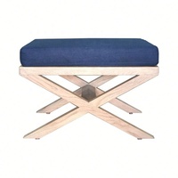 HL041 Meuble de style provincial français, tabouret de coiffeuse/ottoman avec pieds croisés en bois antique et coussin en tissu de lin, pour la fin du lit ou le salon