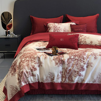 Parure de lit haut de gamme en coton sergé à fibres longues imprimé numérique motif plantes et fleurs, 120 fils, pour lit – Collection Mariage Rouge
