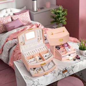 Portagioie portatile in pelle sottile a doppio strato per bambine, multiuso, portaoggetti quadrati con specchio, portagioie da viaggio - Product Image 5