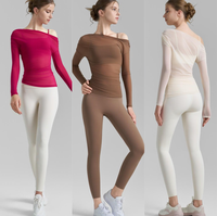 Ensemble 3 pièces de sport automne 2026 : T-shirt à manches longues en maille épaules dénudées, soutien-gorge de sport respirant et leggings pour le yoga et le fitness
