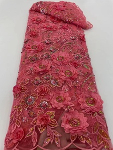 2022 Bridal Dress <strong>Material</strong> 2022 Luxury <strong>Red</strong> 3d Flowers Lace Handmade Party Lace Fabric - Product Image 4