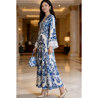 Robe Femme Luxe Léger Haut de Gamme Amincissante Vintage à Manches Cloche Taille Haute en Soie de Mûrier Imprimé Porcelaine Style Grande Balançoire