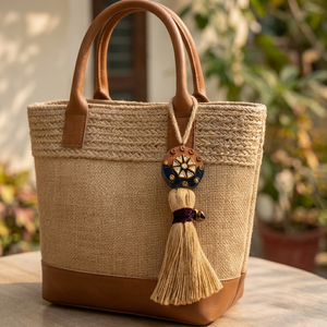 Decorative <b>Tassel</b> Fringe <b>for</b> Jute Bag with Star Charm and Leather Accents - Product Image 1