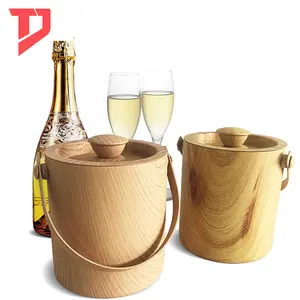 Stainless Steel Double layer Ice Bucket with Handle and Wood Grain