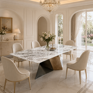 Table à manger personnalisée, plateau rectangulaire, style moderne, villa, 8 à 10 places, pieds en métal, meubles en pierre, luxe, quartzite Pandora - Product Image 1