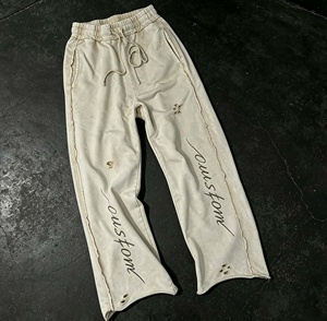 Custom Sweatpants Men Cotton Jogger Pants Casual Distressed Ripped Wide Leg Elastic Waist for Autumn - Product Image 1