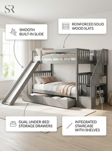 Lit superposé scandinave moderne pour enfants avec toboggan |   <span class=keywords><strong>Bois</strong></span> de pin massif certifié EN 747 |   Expédition DDP vers l'Europe - Product Image 3