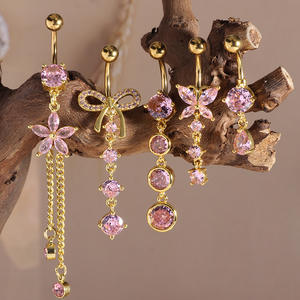 <span class=keywords><strong>Piercing</strong></span> de nombril long multi-styles en acier inoxydable plaqué or avec micro-incrustation de zircon rose et pendentif papillon - Product Image 2