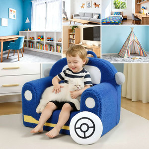 Canapé-lit pliable en forme de voiture pour enfants, fauteuil en peluche pour enfants de 2 ans et plus, bleu avec coussin en forme de chat - Product Image 1