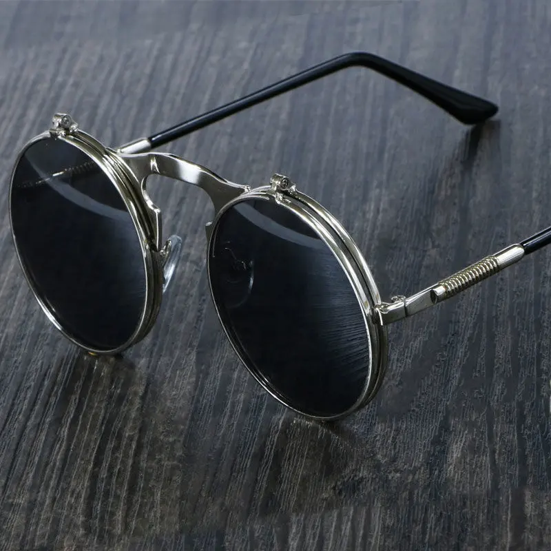 Retro Flip Round Sunglasses Men Women Metal Steampunk Style Sun Glasses Double Circular Clear Lens Eyeglasses