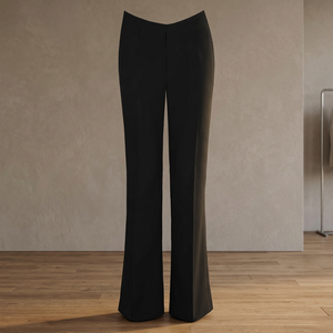 Pantalon large élégant taille mi-haute couleur unie longueur complète pour femme coupe droite style tissé teint uni - Product Image 1