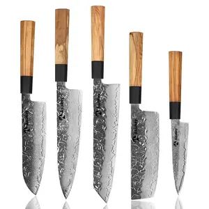 Asiakey-Juego de cuchillos de acero inoxidable para mujer, AUS-8 de Damasco de arte, exquisito, japonés, 6 piezas