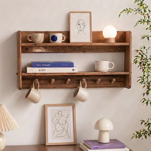 Étagère murale en bois naturel à deux niveaux, en bois massif, pour la cuisine, le salon, style rustique rétro - Product Image 1