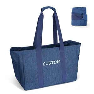 Custom Logo Extra Large Utility Tote Two Meshed Side Pocket Foldable Reusable Storage Pouch Waterproof Denim Tote Bag