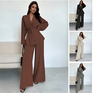 Setelan Wanita 2 Potong, Kedatangan Baru 2026 Blus Berikat dengan Celana Kaki Lebar, Setelan Kantor Elegan untuk Wanita. - Product Image 2