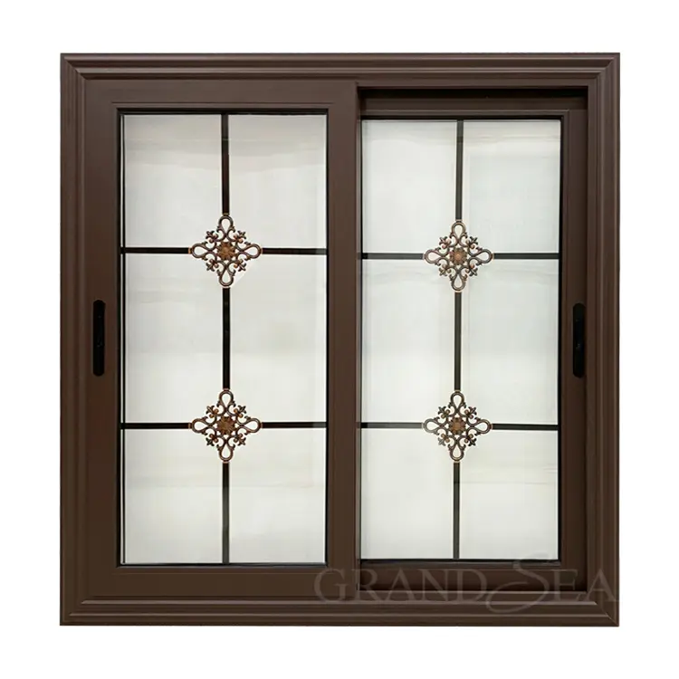 coffee color power coated Aluminium framed flower grill tempered clear double glazed office sliding window