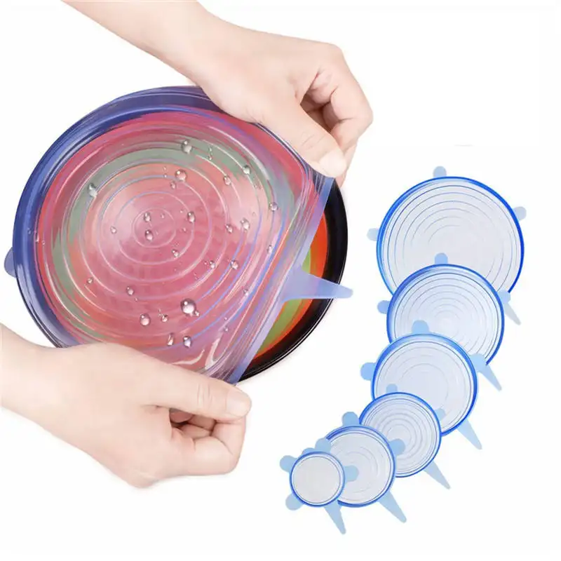 6-Pack Set of Food Grade Silicone Reusable Seal Stretch Covers Adjustable Tapas De Silicon Cup Lids for Freshness Bottles Cans