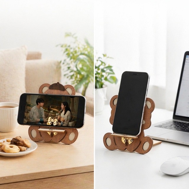 Bear Shaped Phone Stand Solid Wood Desk Holder For Home Office Decor Gift Custom Packaging Available