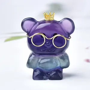 natural crystal carving animal rainbow fluorite bear for home decoration