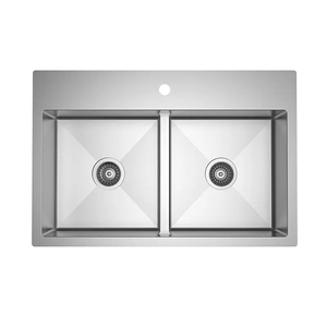 Évier de cuisine double cuve carrée sur mesure en acier inoxydable SUS304 brossé anti-traces de doigts, à montage par le haut et à double paroi profonde - Product Image 1