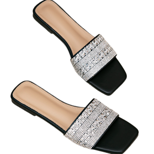 Slippers, Women's <b>Sandals</b>, Summer Outerwear, Straight Drag Rhinestone White Flat Shoes, square Toe Flat Shoes - Product Image 1