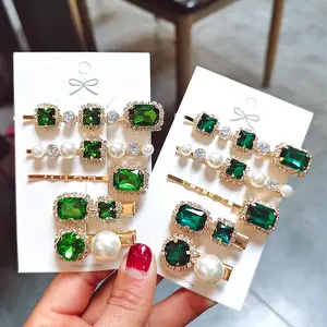 Pinzas para el pelo con perlas y diamantes de imitación de cristal verde brillante a la moda barroca para mujer