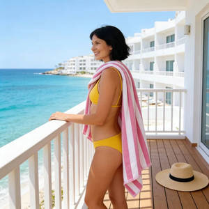 Serviettes de plage promotionnelles en <span class=keywords><strong>coton</strong></span> biologique, séchage rapide, anti-sable, personnalisées, imprimées, de marque, à rayures, pour femme, grande taille - Product Image 6