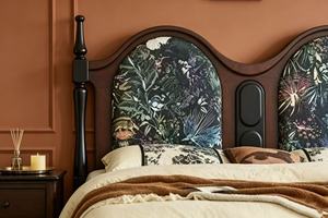 Premium Queen Size Dark Wood Spindle <b>Bed</b> With Tropical Print Double Arched Upholstered Headboard For Bedroom - Product Image 2