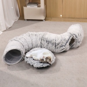 Tunnel de lit pour chat combinable en peluche grise Tunnel de jeu pour animaux de compagnie pliable 2 trous Tube jouets maison chaude - Product Image 1
