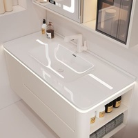 Meuble-lavabo mural moderne avec miroir LED intelligent et vasque en céramique pour projets hôteliers (vente en gros)