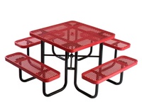 Table de jardin extérieure carrée en acier expansé à 4 bancs table de camping table d'échecs table de pique-nique thermoplastique avec trou pour parapluie