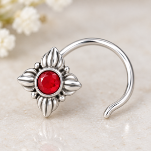 Indian Mores 925 <b>Sterling</b> <b>Silver</b> Round Garnet <b>Nose</b> Stud Cup Set Gemstone <b>Nose</b> Pin Traditional Ethnic Jewelry for Women Girls - Product Image 1